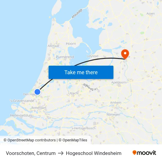 Voorschoten, Centrum to Hogeschool Windesheim map