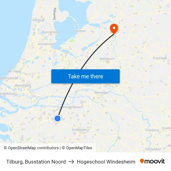 Tilburg, Busstation Noord to Hogeschool Windesheim map