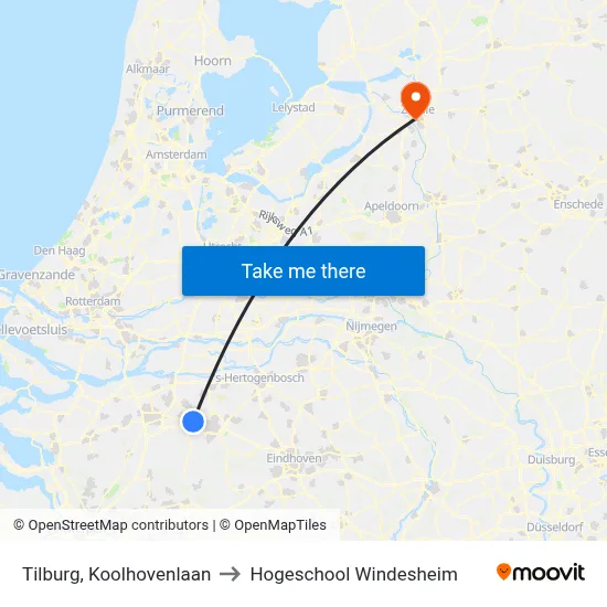Tilburg, Koolhovenlaan to Hogeschool Windesheim map