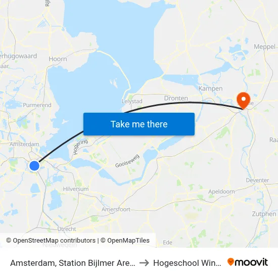 Amsterdam, Station Bijlmer Arena (Perron B) to Hogeschool Windesheim map