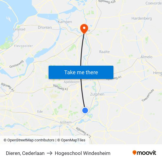 Dieren, Cederlaan to Hogeschool Windesheim map