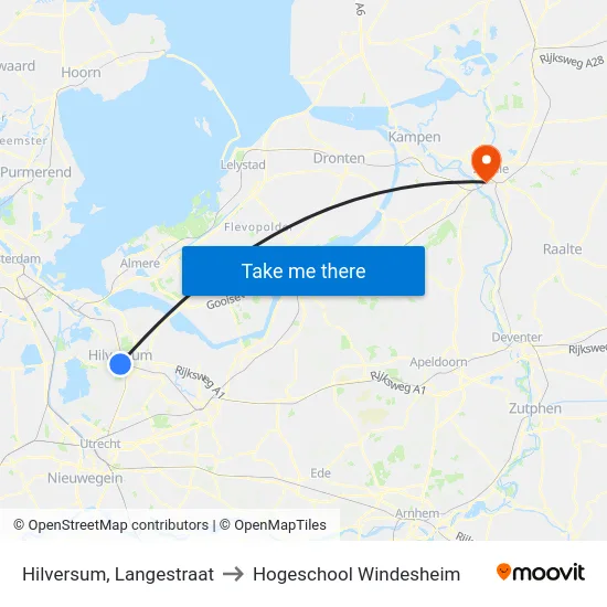 Hilversum, Langestraat to Hogeschool Windesheim map