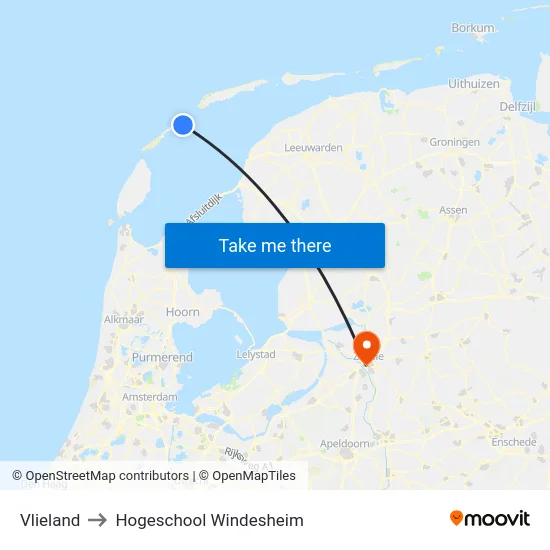 Vlieland to Hogeschool Windesheim map