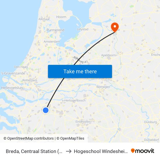 Breda, Centraal Station (K) to Hogeschool Windesheim map