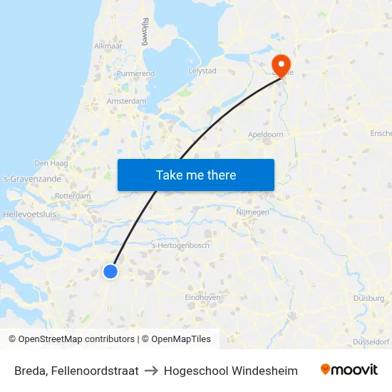 Breda, Fellenoordstraat to Hogeschool Windesheim map