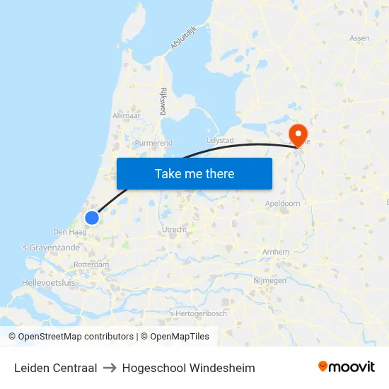 Leiden Centraal to Hogeschool Windesheim map