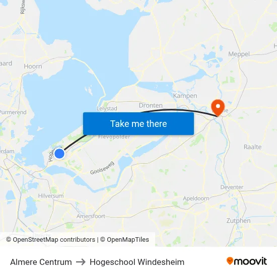 Almere Centrum to Hogeschool Windesheim map