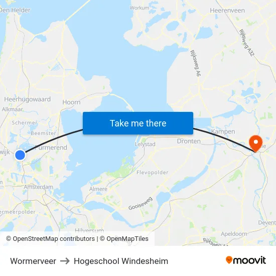 Wormerveer to Hogeschool Windesheim map