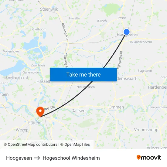 Hoogeveen to Hogeschool Windesheim map