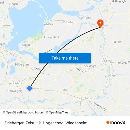 Driebergen-Zeist to Hogeschool Windesheim map