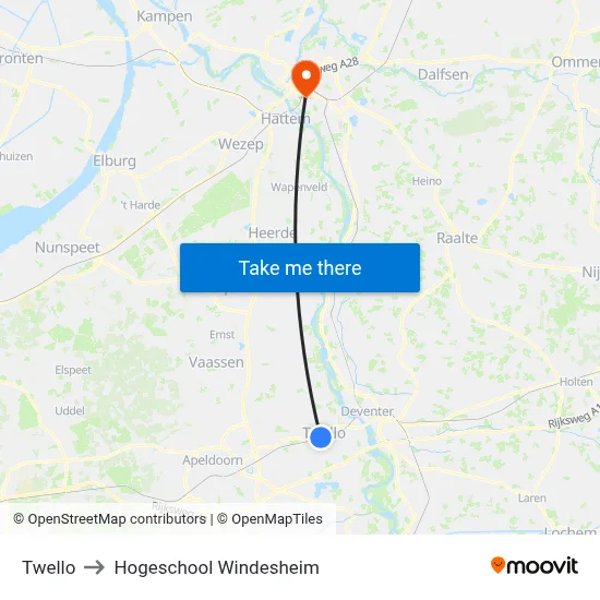 Twello to Hogeschool Windesheim map