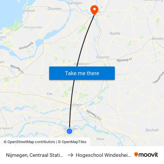 Nijmegen, Centraal Station to Hogeschool Windesheim map