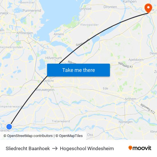 Sliedrecht Baanhoek to Hogeschool Windesheim map