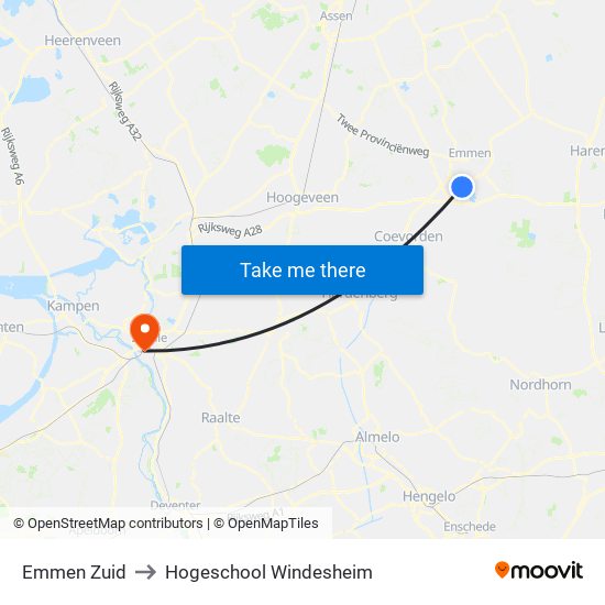 Emmen Zuid to Hogeschool Windesheim map