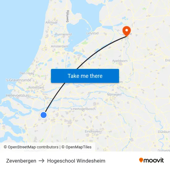 Zevenbergen to Hogeschool Windesheim map