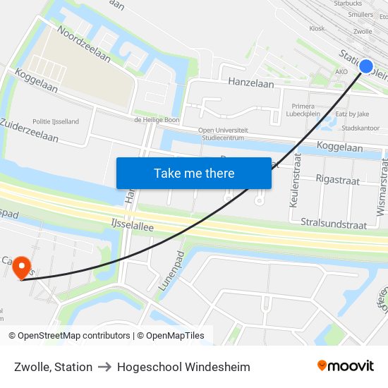 Zwolle, Station to Hogeschool Windesheim map