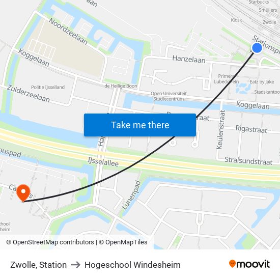 Zwolle, Station to Hogeschool Windesheim map