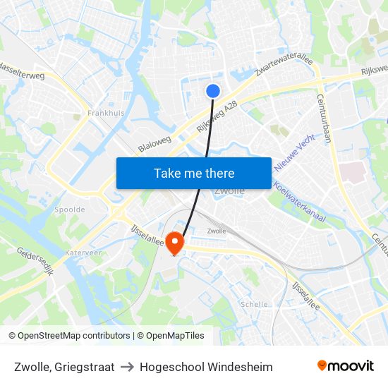 Zwolle, Griegstraat to Hogeschool Windesheim map