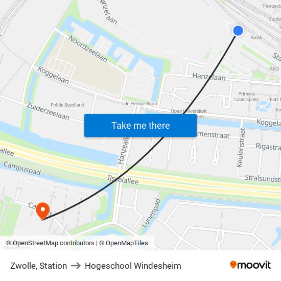 Zwolle, Station to Hogeschool Windesheim map