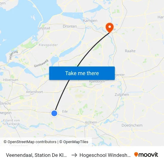 Veenendaal, Station De Klomp to Hogeschool Windesheim map