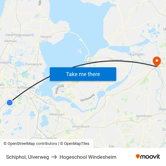 Schiphol, Uiverweg to Hogeschool Windesheim map
