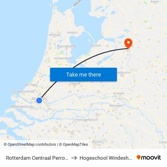 Rotterdam Centraal Perron D to Hogeschool Windesheim map