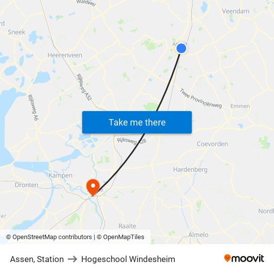 Assen, Station to Hogeschool Windesheim map