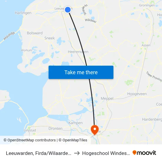 Leeuwarden, Firda/Wilaarderburen to Hogeschool Windesheim map