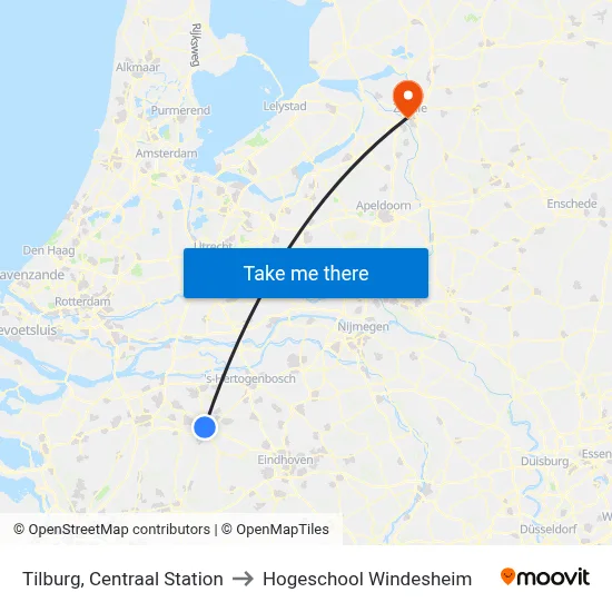Tilburg, Centraal Station to Hogeschool Windesheim map