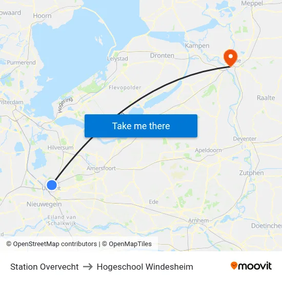 Station Overvecht to Hogeschool Windesheim map