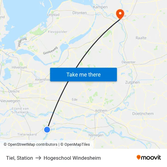 Tiel, Station to Hogeschool Windesheim map