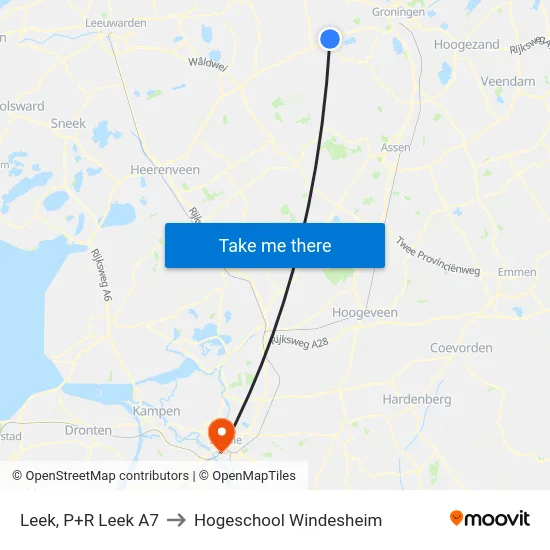 Leek, P+R Leek A7 to Hogeschool Windesheim map