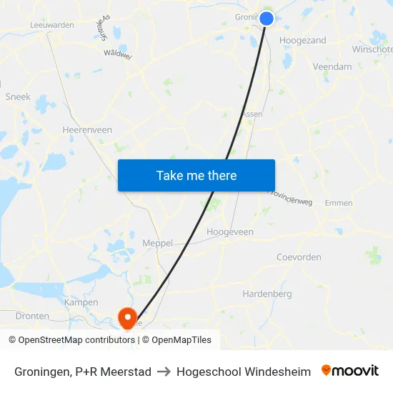 Groningen, P+R Meerstad to Hogeschool Windesheim map