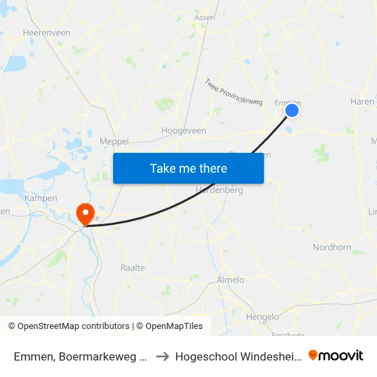 Emmen, Boermarkeweg 23 to Hogeschool Windesheim map