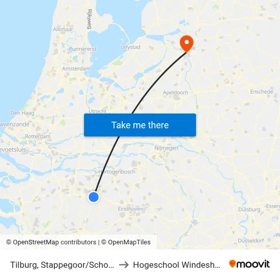 Tilburg, Stappegoor/Scholen to Hogeschool Windesheim map