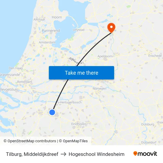 Tilburg, Middeldijkdreef to Hogeschool Windesheim map