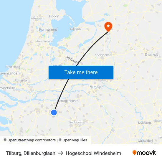 Tilburg, Dillenburglaan to Hogeschool Windesheim map