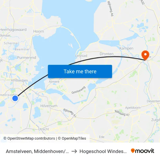 Amstelveen, Middenhoven/Brink to Hogeschool Windesheim map