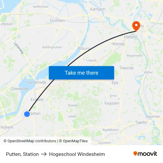 Putten, Station to Hogeschool Windesheim map