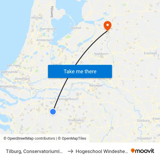 Tilburg, Conservatoriumlaan to Hogeschool Windesheim map