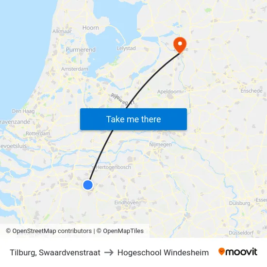 Tilburg, Swaardvenstraat to Hogeschool Windesheim map