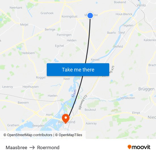 Maasbree to Roermond map