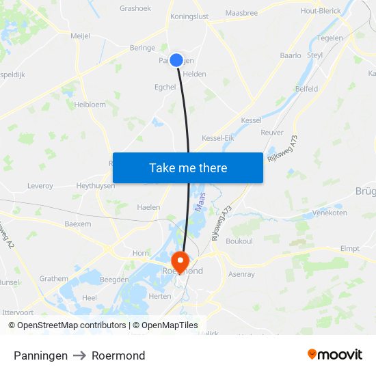 Panningen to Roermond map