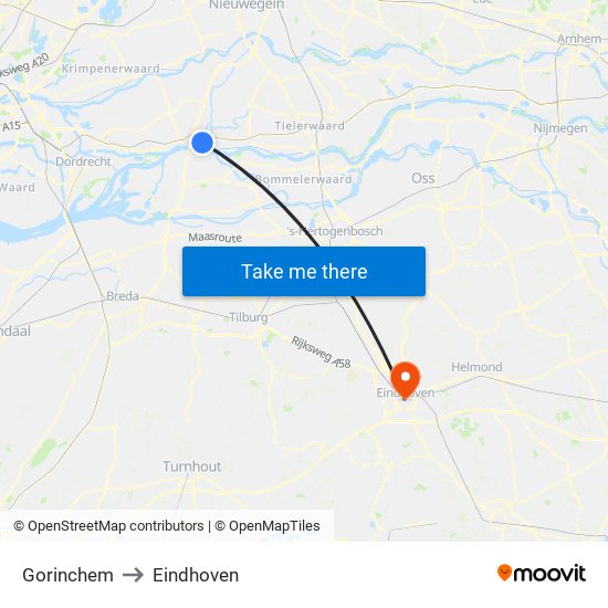 Gorinchem to Eindhoven map