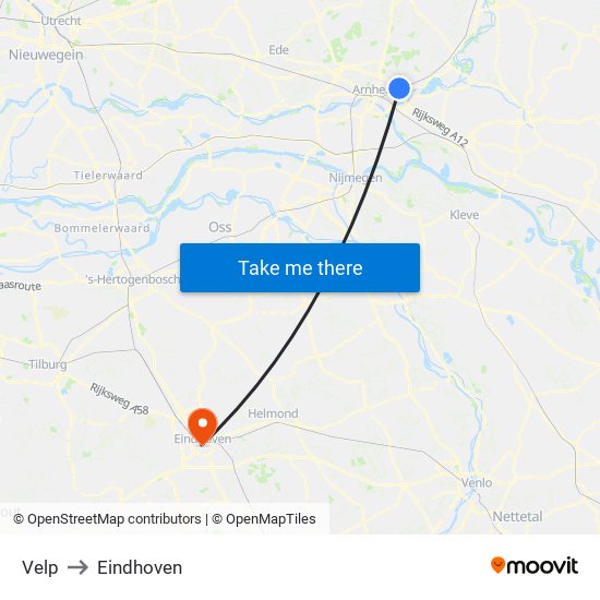 Velp to Eindhoven map