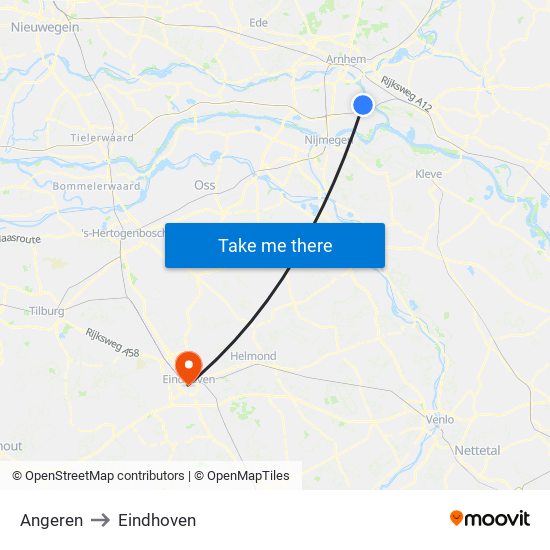 Angeren to Eindhoven map