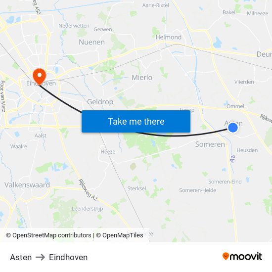 Asten to Eindhoven map