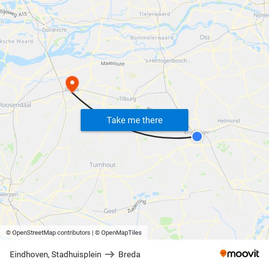 Eindhoven, Stadhuisplein to Breda map