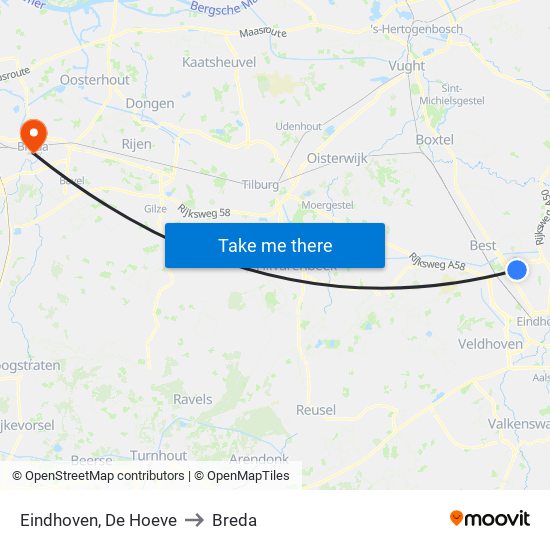 Eindhoven, De Hoeve to Breda map