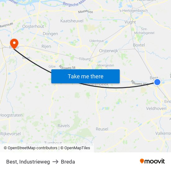Best, Industrieweg to Breda map